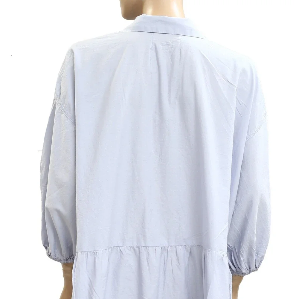 Free People Free-est Misha Mini Dress Cotton Tiered Puff Sleeve Blue L 283405 - Picture 5 of 6